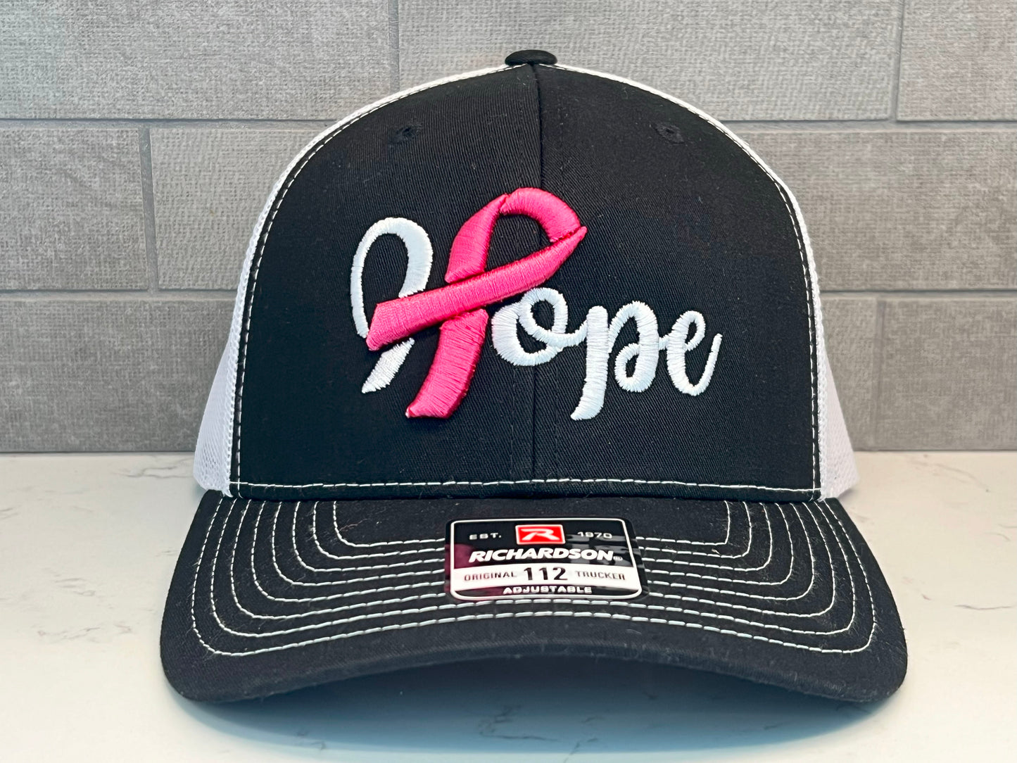 HOPE Cancer Ribbon Hat - Richardson 112 Pink/White