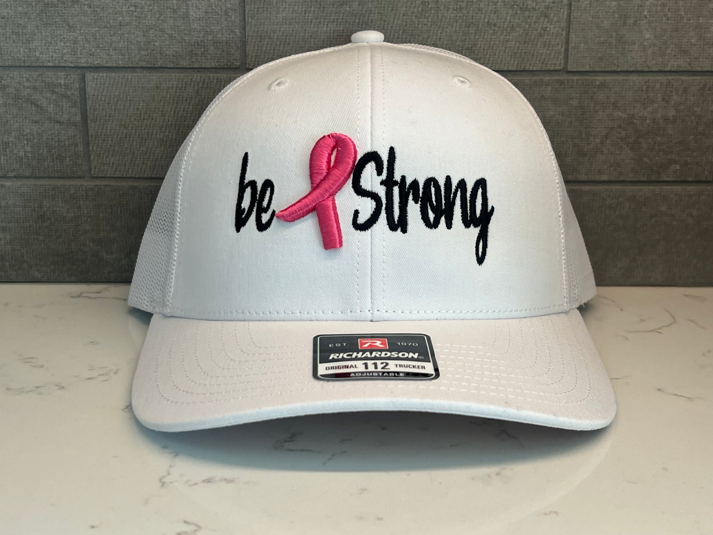 Be Strong Cancer Ribbon Hat - Richardson 112 Solid White