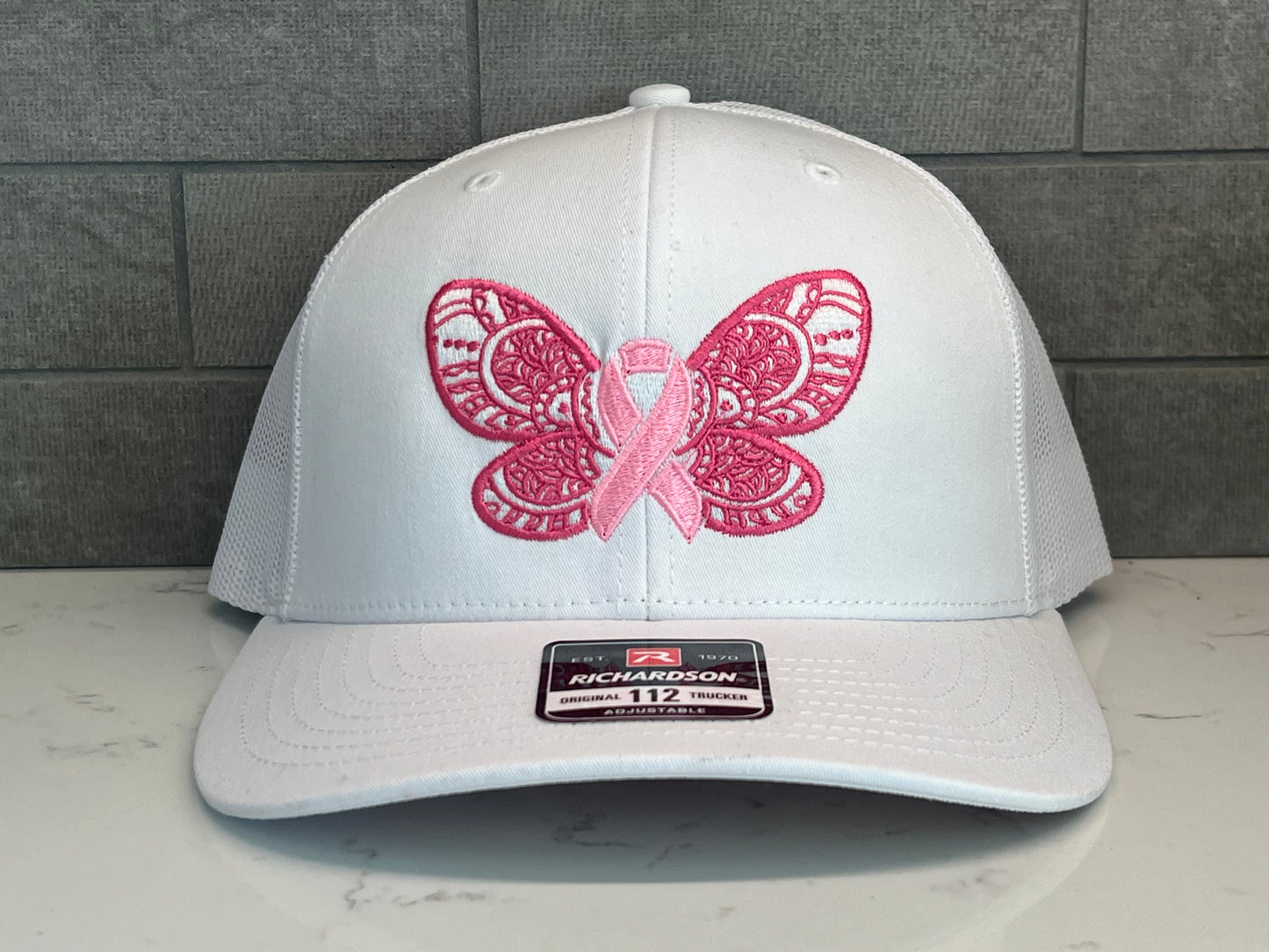 Butterfly Cancer Ribbon Hat - Richardson 112 Solid White