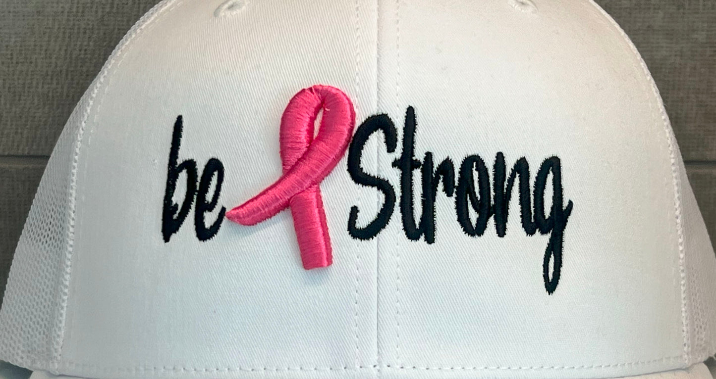 Be Strong Cancer Ribbon Hat - Richardson 112 Solid White
