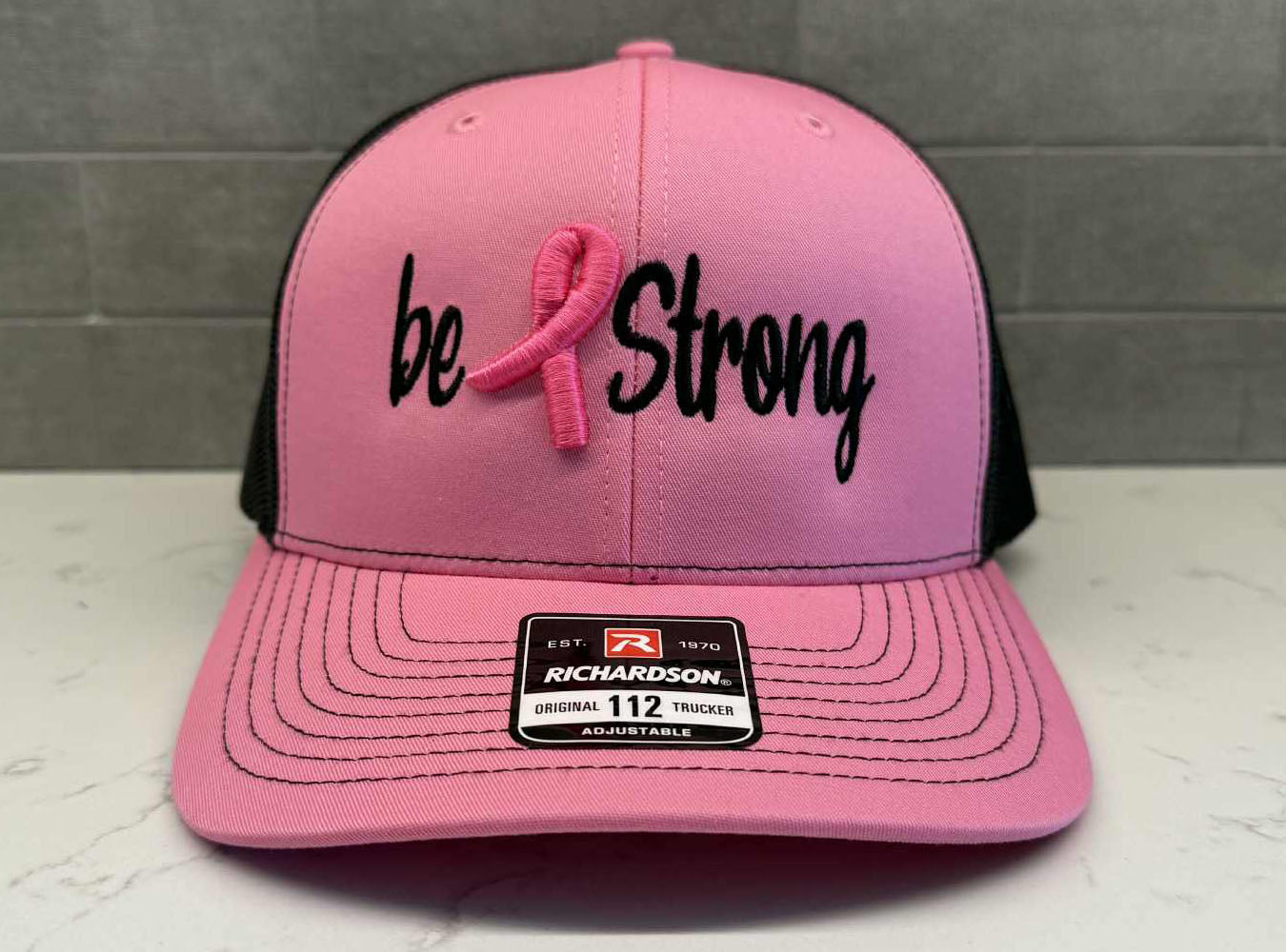BE STRONG Cancer Ribbon Hat - Richardson 112 Pink/Black