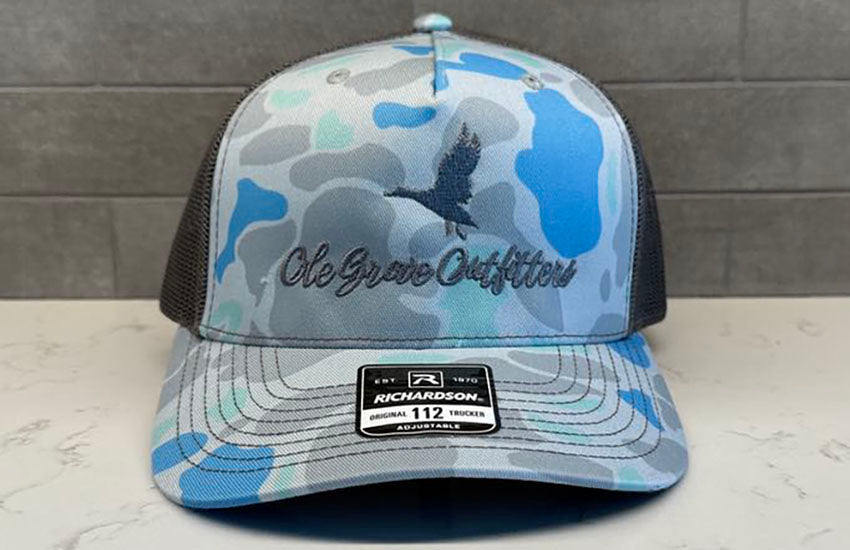Ole Grove Outfitters Hat - 112 Richardson Snapback Saltwater Duck Camo/Charcoal