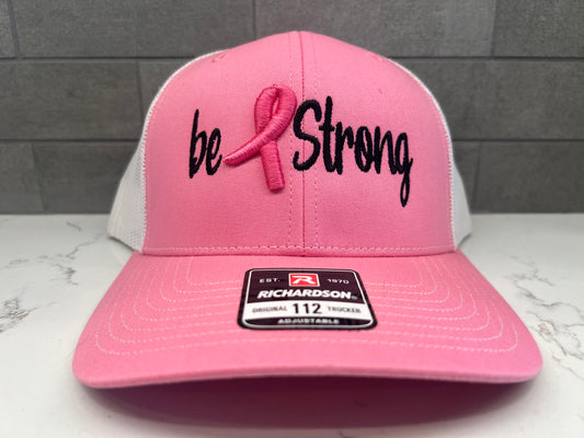 Be Strong Cancer Hat - Richardson 112 Pink/White