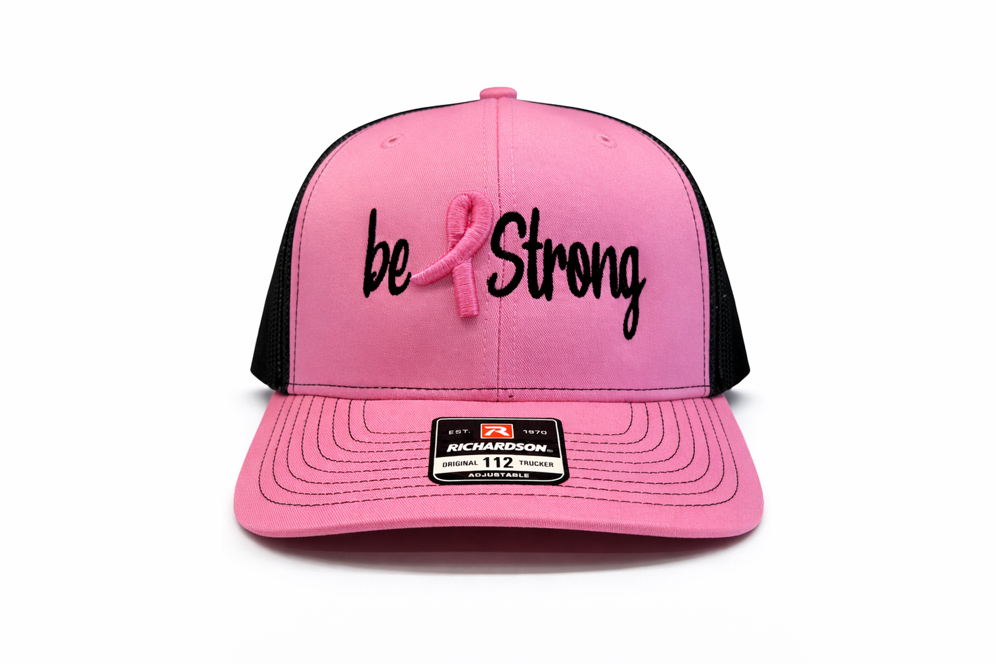 BE STRONG Cancer Ribbon Hat - Richardson 112 Pink/Black
