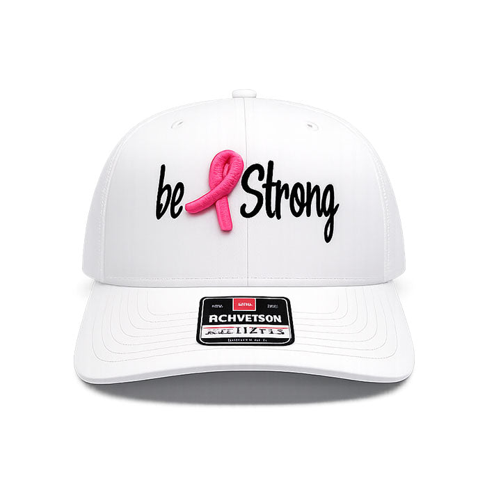 Be Strong Cancer Ribbon Hat - Richardson 112 Solid White