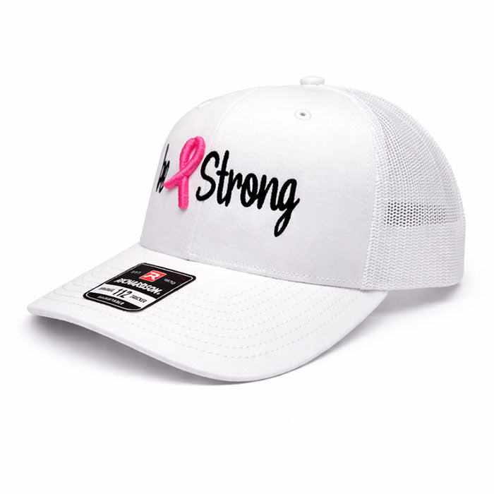Be Strong Cancer Ribbon Hat - Richardson 112 Solid White